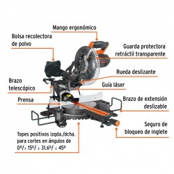 Sierra de inglete 10", 1900W telescópica compuesta, TRUPER